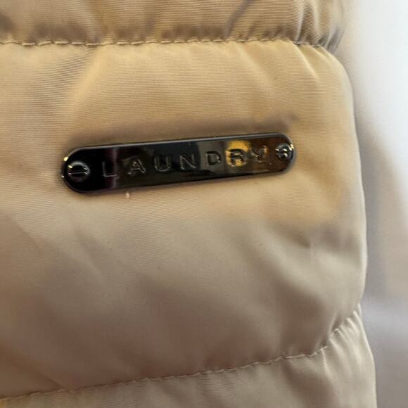 Laundry by Shelli Segal Beige Hooded Long Puffer Coat XS Cinched Waist - Picture 6 of 9